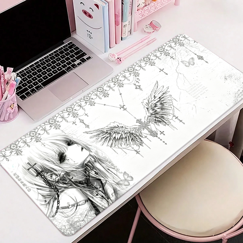 Gaming Keyboard Nearby - Leather Mousepad Black White Anime Aesthetics